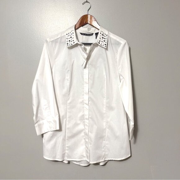 NWT Zac & Rachel White Button-Up Shirt With Rhinestone Embellished Collar L - Picture 1 of 7